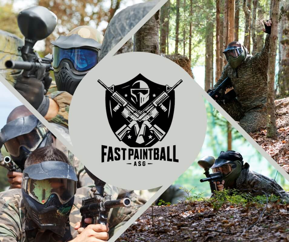 Grupa osób w maskach paintballowych w lesie korzysta z promocje paintball Białystok.
